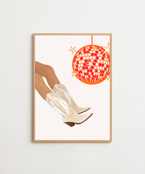 Boots & Boogie poster visad i miljö med ram som tillval – FrenzyFrame
