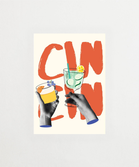 Cin Cin Club poster med illustration av cocktails och festlig design – FrenzyFrame