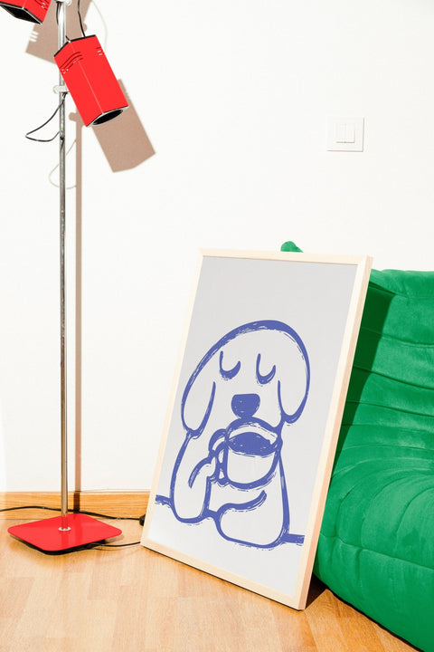 Coffee Pup poster visad med ram som tillval i hemmiljö – FrenzyFrame