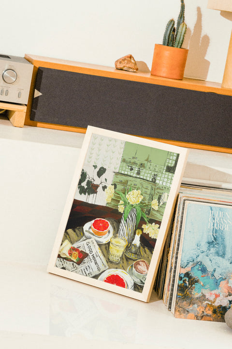God Morgon poster visad med ram som tillval i hemmet – FrenzyFrame