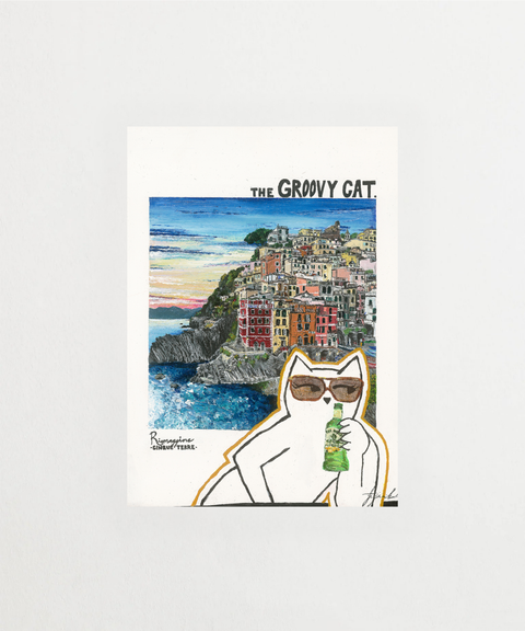 Groovy Riomaggiore poster med färgglad vintage illustration – FrenzyFrame