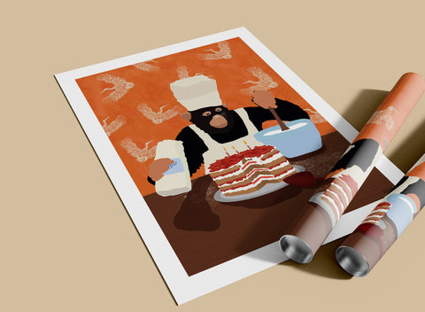 Monkey Bakes Cakes poster visad med ram som tillval – FrenzyFrame