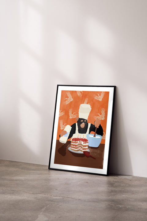 Monkey Bakes Cakes poster visad med vald ram – FrenzyFrame