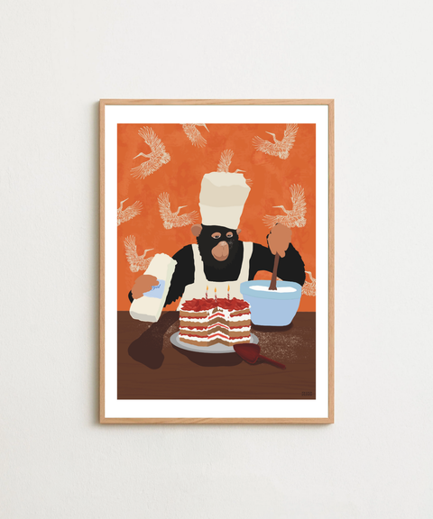 Monkey Bakes Cakes poster på vägg med valfri ram – FrenzyFrame