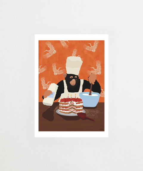 Monkey Bakes Cakes poster med illustrerad apa och bakverk – FrenzyFrame