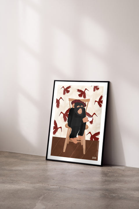 Monkey Drink Coffee poster visad med ram som tillval – FrenzyFrame
