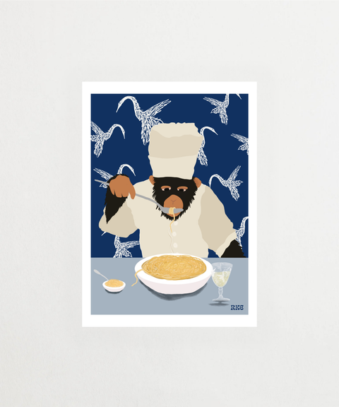 Monkey Eats Pasta poster med illustration av apa och pasta – FrenzyFrame