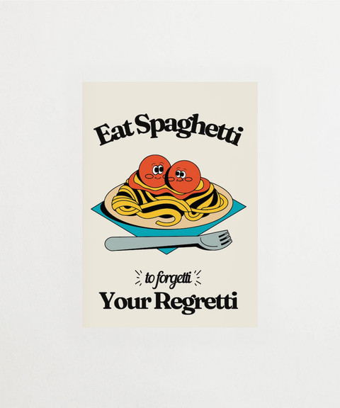 Spaghetti Regretti poster med humoristiskt köksmotiv – FrenzyFrame