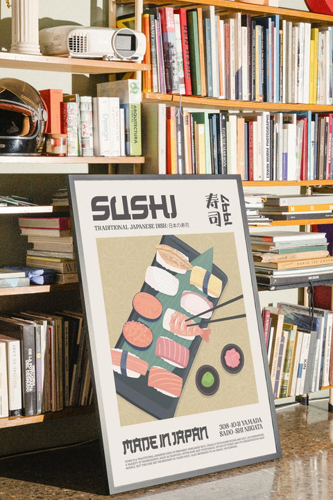 Sushi-poster visad med ram som tillval i miljö – FrenzyFrame