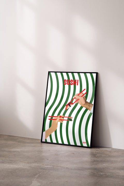 Sushi-poster visad med ram som tillval i miljö – FrenzyFrame
