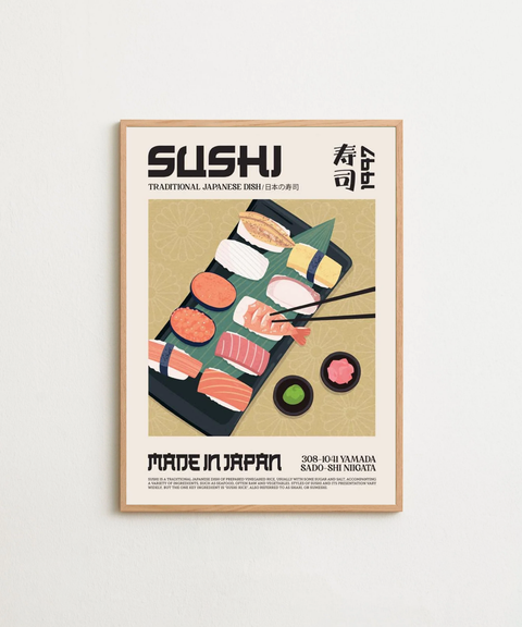 Sushi-poster från FrenzyFrame visad med ram som tillval i hemtillbehör