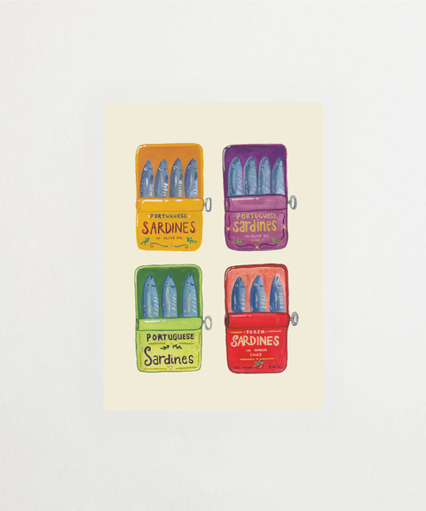 Four Sardines poster med illustrativt motiv av fyra sardiner – FrenzyFrame